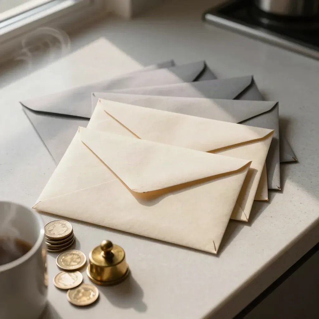 Diagonal row of sealed envelopes, coins, and a brass paperweight on a kitchen counter before dawn.
