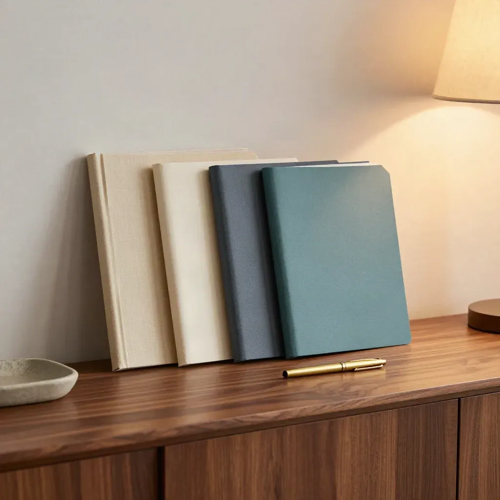 Closed finance folders, brass pen, stone tray and lamp on a sideboard in late-day light.