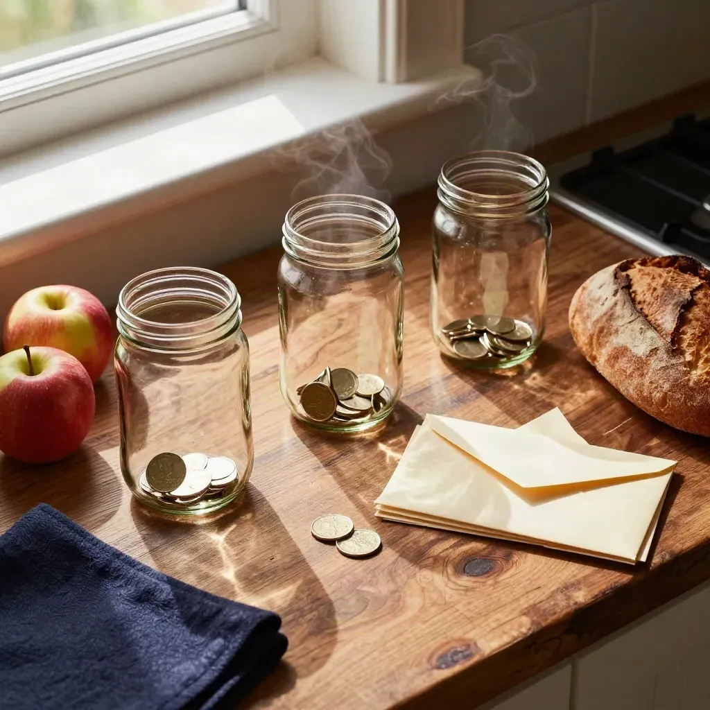 Top-down kitchen flat lay of jars, coins, apples, bread, and envelopes in a budgeting moment.