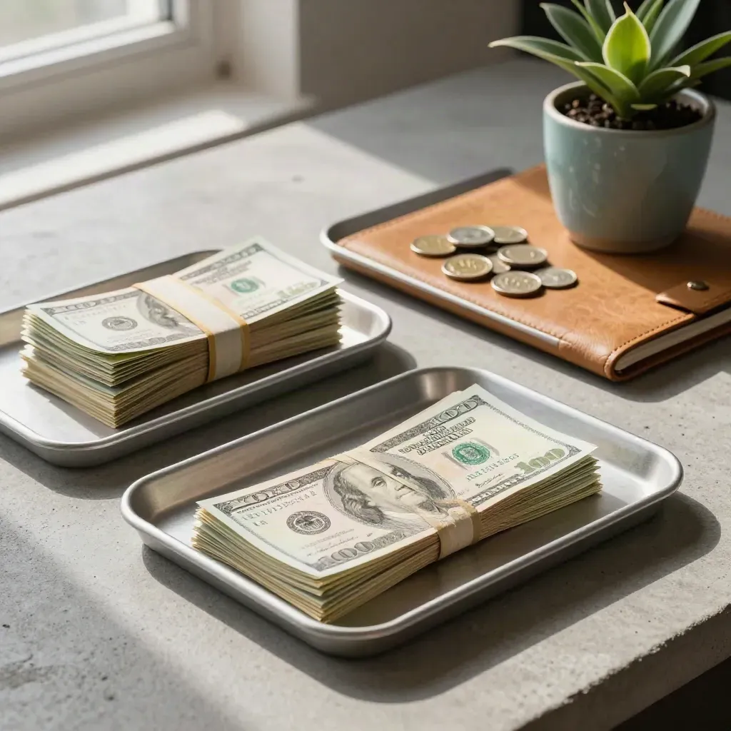 Two trays separate business cash from home coins on a concrete desk with a plant and leather folder.