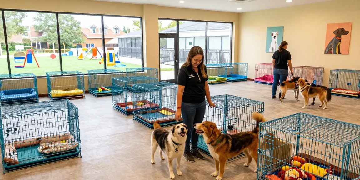 Dog Boarding facility showcasing comfortable cages and happy pets.